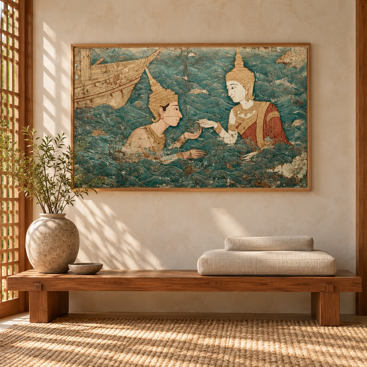 Manimekhala's Rescue in a natural wood frame above a teak meditation bench, illustrative Thai-inspired reflection room.