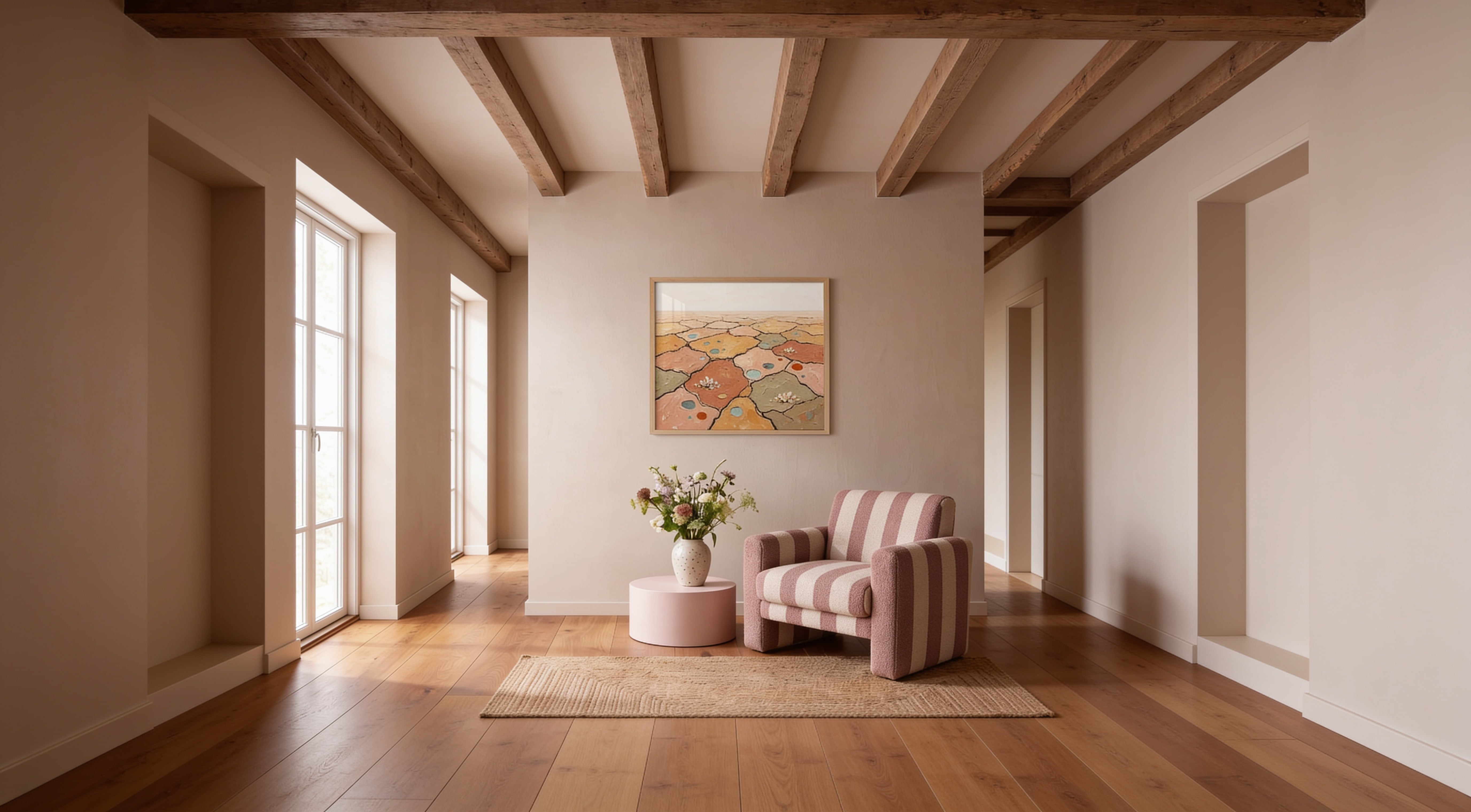 A framed artwork brings warm colour to a sunlit room with a striped armchair