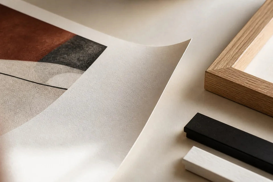 Close-up of fine-art paper texture with Natural, Black and White frame finishes